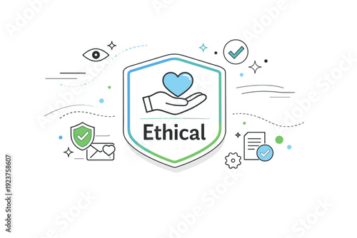 ethics & trust certification. A badge with a hand-heart icon and the word ?Ethical?, shown on a clean interface, abstract floating lines and symbols