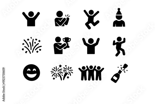People Celebrating. Solid icon set of People Celebrating: cheering person, clapping hands person, jumping with joy, party hat person, confetti burst, holding
