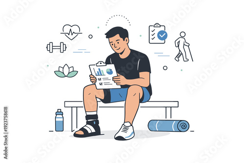 Post-rehab reflection session. Athlete seated, reviewing progress notes or charts, calm satisfaction and mindful awareness of recovery, balanced mental and