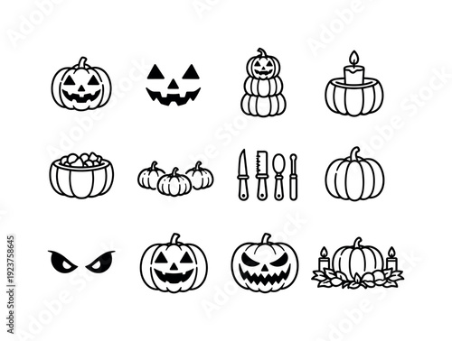 Pumpkin decorations. Line outline icon set of pumpkin decorations: carved pumpkin, jack o