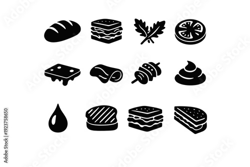 Gourmet Sandwich. Solid icon set of Gourmet Sandwich: artisan bread, gourmet sandwich stack, arugula leaves, tomato slice, melted cheese, prosciutto slice,