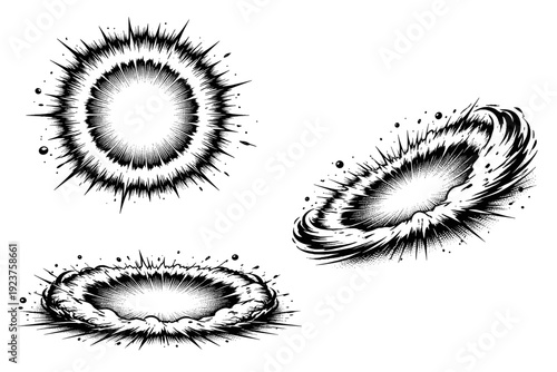Comic halftone shockwave element A circular shockwave-style motion element expanding outward depicted in front view, side view, and three-quarter view as a