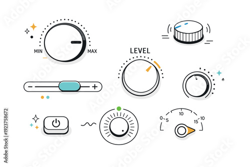 Knobs dials textures. Close-up of various control knobs and dials on a neutral background, gently angled and evenly spaced. Tactile visual