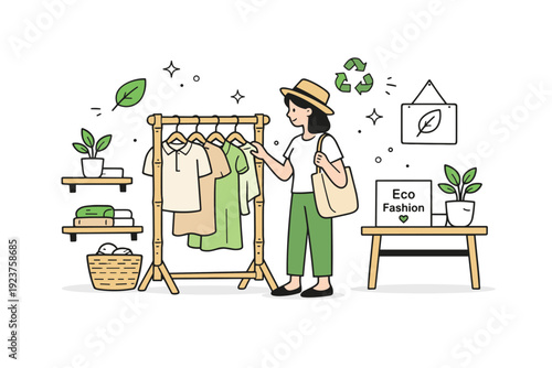 Sustainable fashion shopping. A customer browsing eco-friendly clothing on racks made from natural materials, small leaf and recycle icons