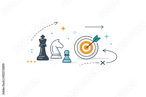 Business concepts without people. Minimal strategy background with chess pieces, target icon, and arrows arranged abstractly. Thoughtful decision-making and