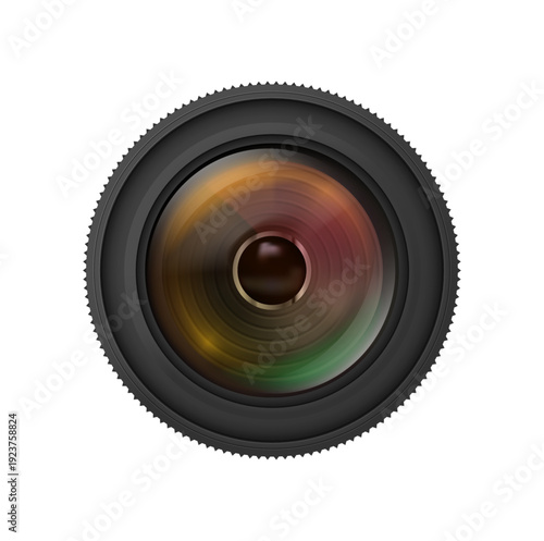 Camera lens. Vector realistic optical equipment with large front glass element showing light reflections. Product mockups and photography gear presentations. DSLR and mirrorless accessories