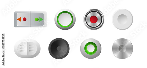 Round interface buttons set. Vector realistic plastic or metallic knobs and switches. Audio system and mixing console, control panel or industrial technology design elements collection