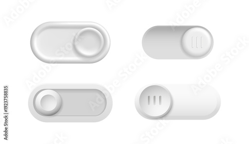 Toggle switches in monochrome style. Vector isolated collection of push buttons with labels and icons in minimal design. Web dashboards and mobile apps, admin panels and system settings