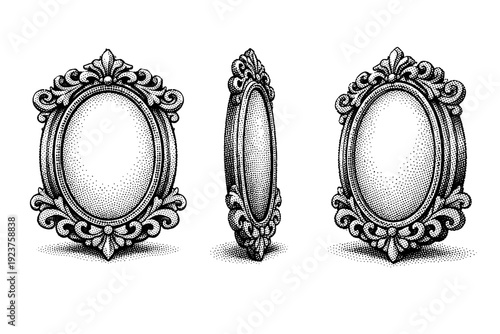 Wedding monogram frame with oval border and decorative flourishes shown from front view, side view, and three-quarter view as a single object set