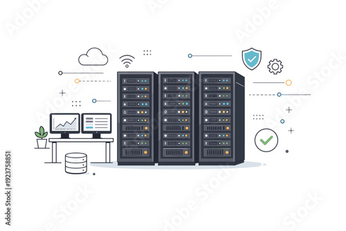 Data center servers. Modern data center with tall server racks and simple monitoring screens. Stability, order, quiet technology atmosphere, minimal technical