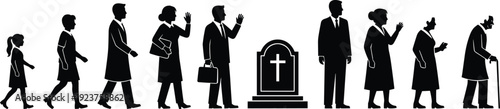 Vector illustration of human life cycle silhouettes from childhood to old age with gravestone, aging decorative motifs