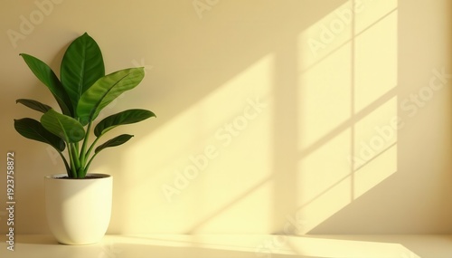Sunlit minimalist plant casts long shadows on beige wall Summer vibes , plant, wall