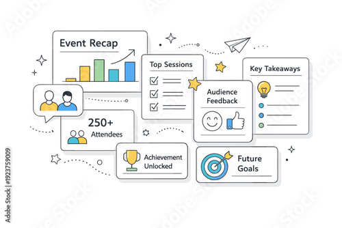 Post-Event Recap Visual. An abstract editorial composition combining screens, cards, and icons that represent highlights and outcomes. A