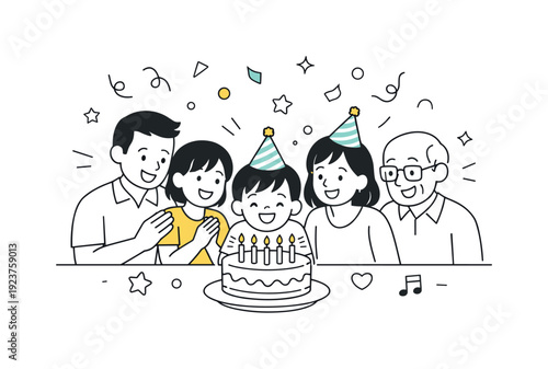 Joyful Family Celebration. Birthday celebration. A child and family members gathered around a cake with candles, smiling faces and simple confetti shapes