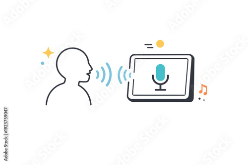 Hands-free voice control symbol. Abstract user figure interacting with a device through voice only, sound waves replacing touch gestures. Sense of ease,