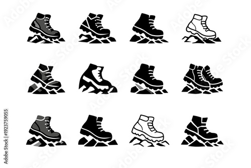 Hiking boots on rocky path. Icon set. Set Logo of Hiking boots on rocky path: angled boot climbing rocks. harmonious logo variations of the same emblematic