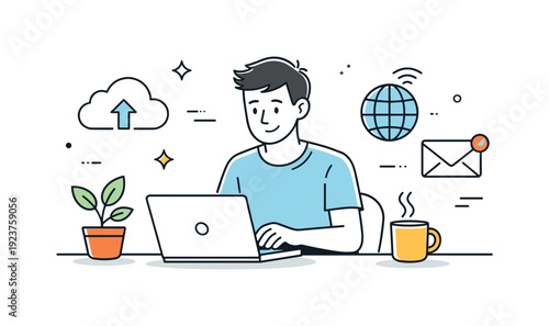 Young man working on laptop with cloud upload, email, and global network icons
