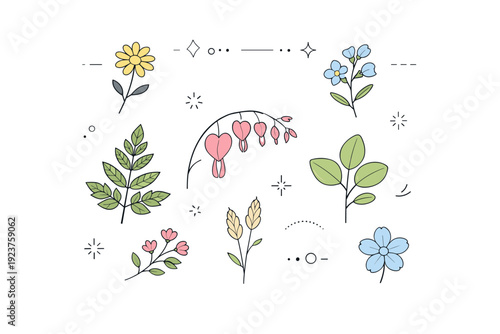 Herbarium style backgrounds. Delicate pressed leaves and flowers arranged neatly on a clean white surface, evoking calm botanical study and natural order.