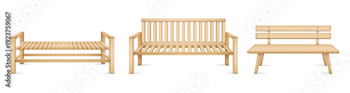 Wooden benches, isolated furniture for outdoors. Vector realistic seats for park or garden, isolated furniture made of wood and metal, construction for resting and relaxing on nature outside