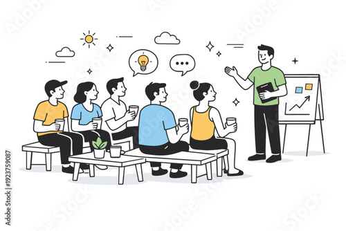 Outdoor team meetings in summer. Team seated on benches with coffee cups, listening attentively to one speaker. Informal strategy discussion blended with