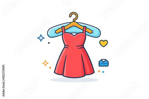 Elegant Garment Hanger. Protecting fine garments represented by a single fabric hanger cradling a dress, symbolizing softness, attention to detail