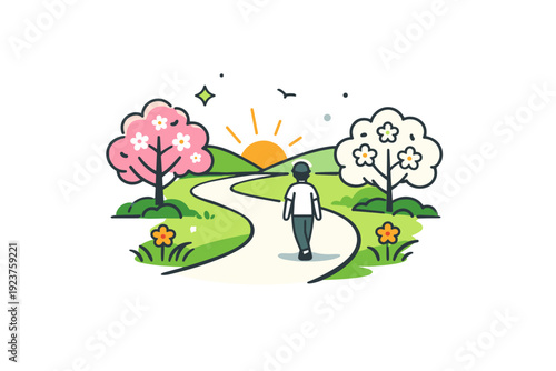 Morning walk in spring park gentle movement along a winding path with blooming trees and soft sunlight, expressing mindfulness, balance and a fresh start to