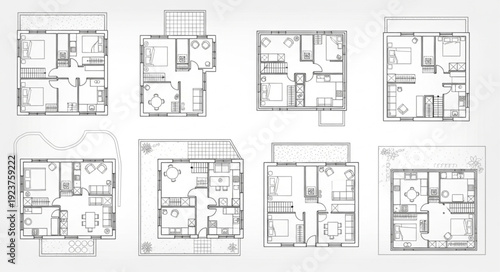 Architectural blueprints showcasing various floor plans and building layouts for residential properties and construction projects.