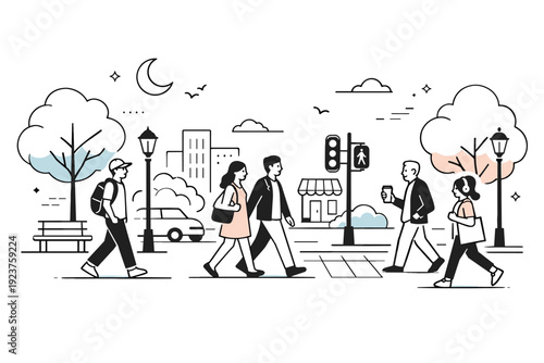 Urban streetscape at dawn. Minimal cars, soft shadows, and pedestrians walking calmly along tree-lined sidewalks, peaceful and gentle atmosphere. Clean