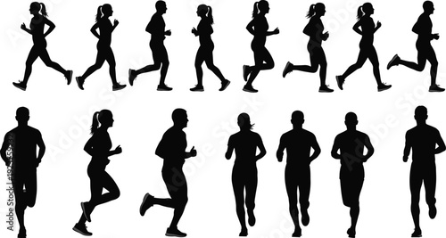 Vector illustration set of running silhouettes with male and female joggers, athletic motion, fitness sports decorative motifs