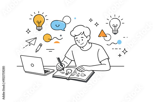 freelancer brainstorming. A freelancer sketching ideas on a notepad next to a laptop, abstract floating shapes and lightbulb icons showing creativity, relaxed