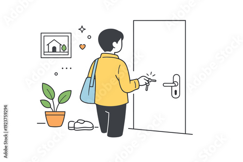 People returning home. A calm urban scene with a person unlocking a door, keys in hand and shoulders slightly relaxed. The illustration