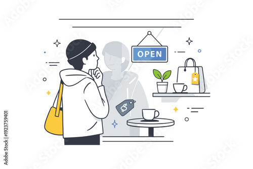 Reflective Shop Window Scene. Reflections in shop windows at street level. A person pauses near a window, reflection overlapping with simple interior objects