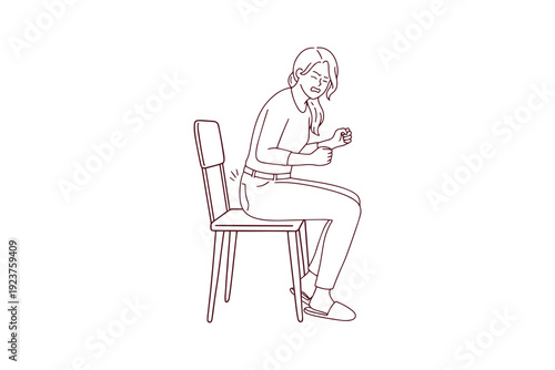 Coloring book page showing a woman experiencing pain when sitting. Represents medical discomfort, proctology symptoms, and rectal health issues.