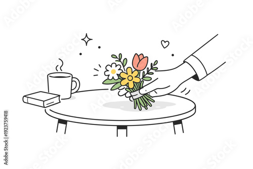 Flowers as everyday gesture at home. A small bouquet rests on a table while someone places it gently, no special occasion implied. Quiet care woven into daily