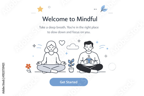 Mindful start screen. First onboarding screen with a friendly welcome message and simple illustration. Calm tone, reassurance, slow digital