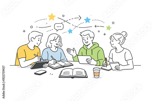 Group study session. Students collaborating around a table with notebooks and tablets, abstract floating stars and lines representing