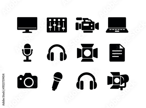 Media control room. Filled icon set of Media control room: monitor screen, soundboard,