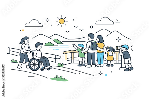 Accessible nature experience. A mixed group including a wheelchair user and parents with children enjoying a scenic viewpoint, connected by simple paths and