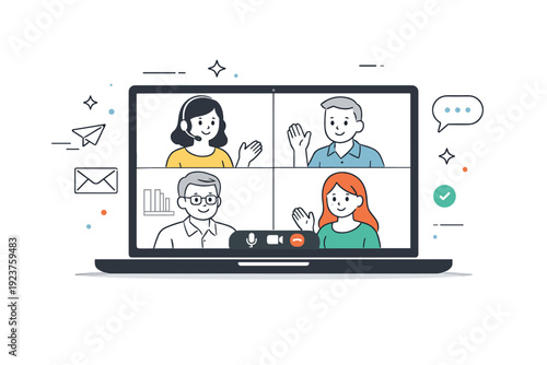 Video conferencing. People communicating through laptop screens with simple video windows and calm facial expressions, showing clear remote