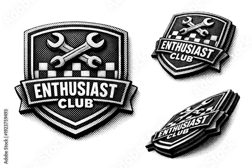 Enthusiast club crest logo with layered shapes shown flat, slightly curved, and edge profile view as a single object set. Black and white dot