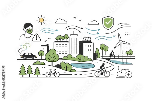 Sustainable Urban Design. Long-term urban adaptation. City infrastructure integrating clean air zones, green buffers, and adaptive design. Forward-thinking