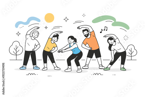 Outdoor dance classes in parks. Small group warming up together, gentle stretches and relaxed smiles, trees and open space around creating a calm community