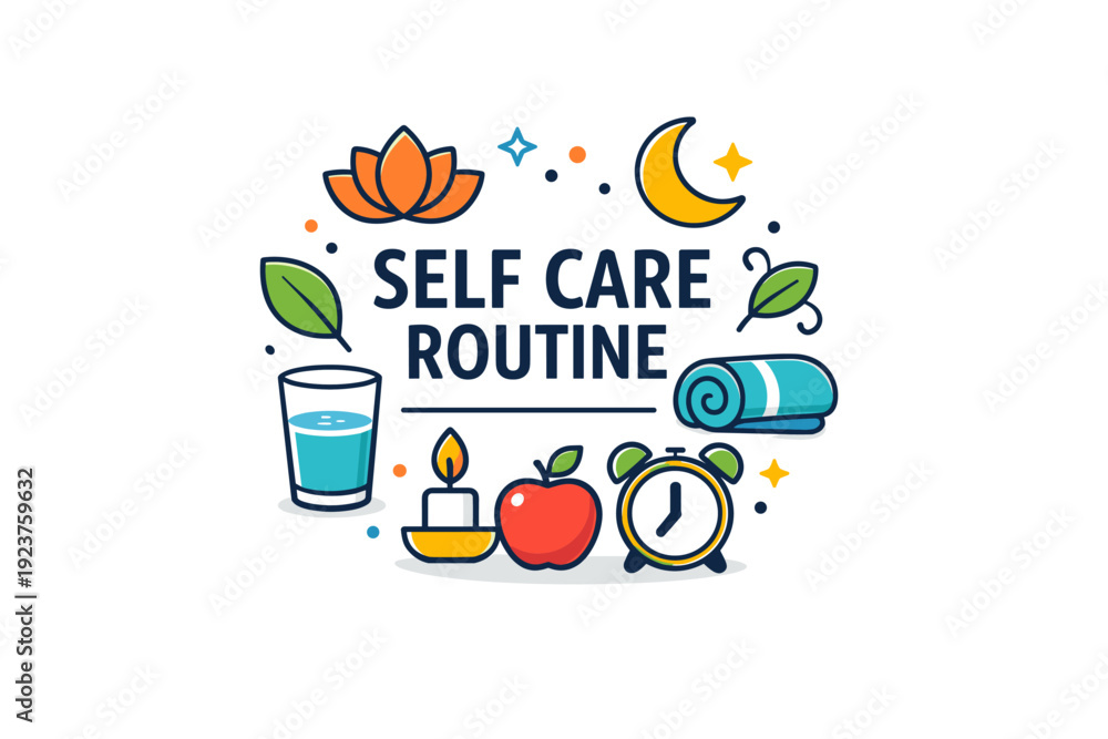 Naklejka premium Self care routine compact editorial badge with wellness symbols arranged in harmony, communicating balance, rest, and healthy daily habits. Minimalist flat