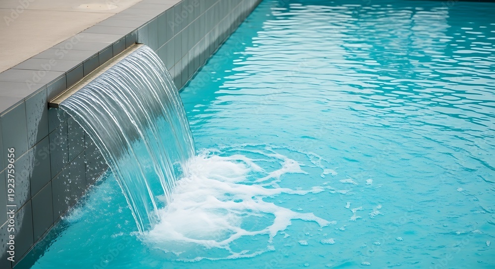 Obraz premium Clear water cascades from a tile ledge into a pool of turquoise water