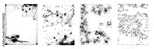 Grunge overlay texture, isolated set of frames or filter effects for photos. Vector collection of borders with scratches or dirt, grungy old look. Stain and dots with sands, halftone decoration