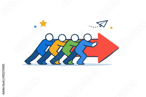 Unified Forward Momentum. Group achievement expressed through synchronized movement of abstract figures pushing a single shape forward, symbolizing alignment,