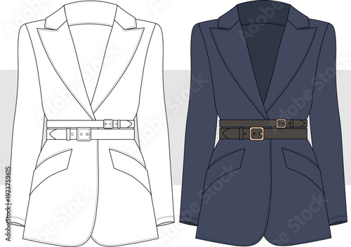 Women's blazer jacket with double belt detail fashion technical drawing, illustration. Jacket, coat vector. Flat sketch, CAD, Mockup.