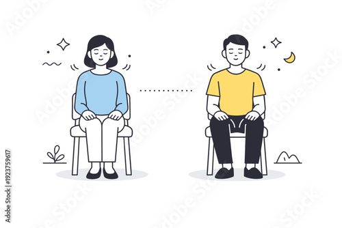 Breathing pauses visible. Two people sit apart on chairs, shoulders rising and falling softly in unison. Shared calm without interaction,