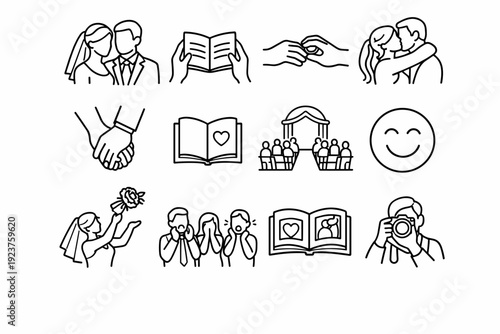 Wedding Photography Moments. Line icon set of Wedding Photography Moments: couple portrait, vow close-up, ring exchange capture, first kiss