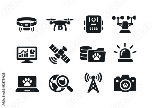 Conservation technology monitoring. Filled icon set of Conservation technology monitoring: